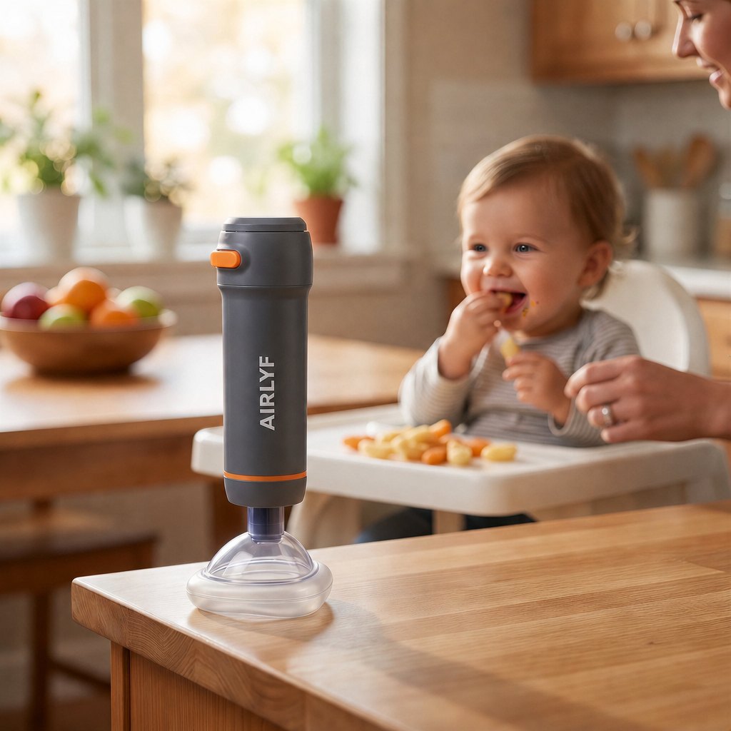 AIRLYF™ Slim next to a baby eating in a high chair
