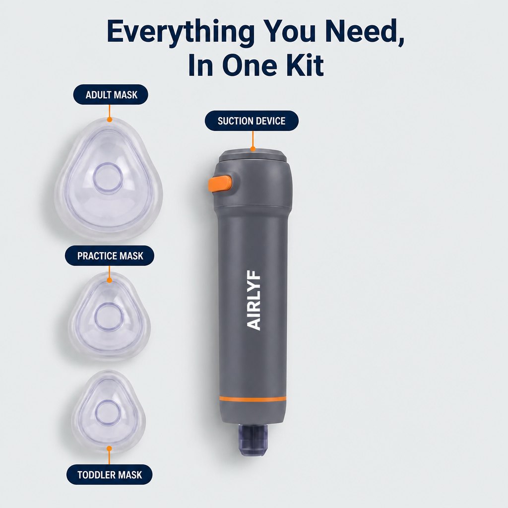 Everything in the AIRLYF™ Slim kit: device, adult, toddler and practice masks